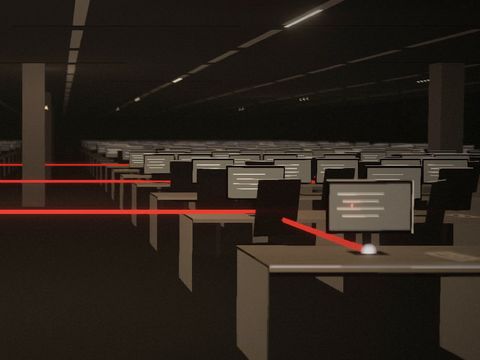 Still from “Before eight”: a company’s office at eight in the morning, with the red route of the system already reaching a desk.
