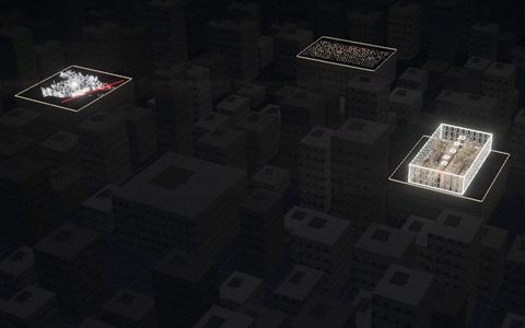 Still from “Before eight”: a city at night where three companies have the system we built for them switched on.