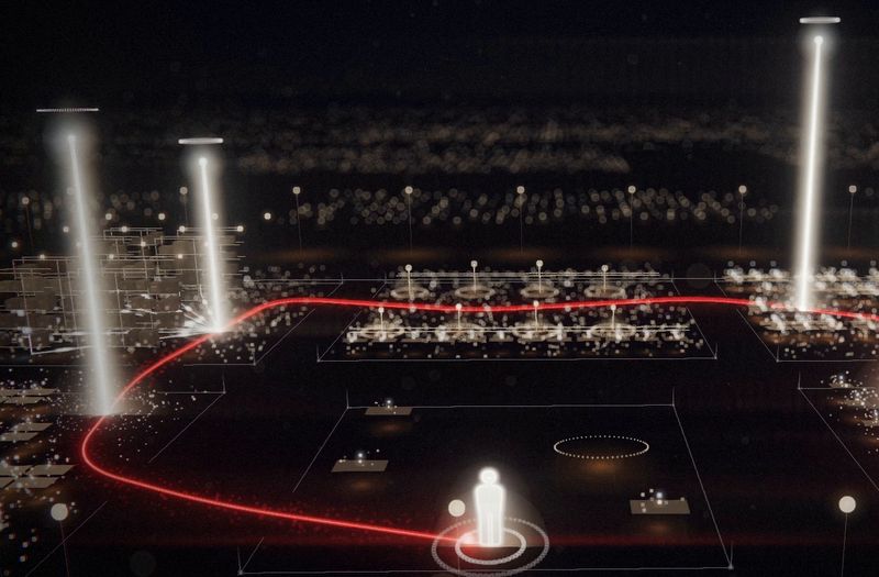 Fotograma del vídeo: la empresa de noche, con sus proyectos como columnas de luz y una sola ruta roja que sale de quien decide y los recorre en orden.