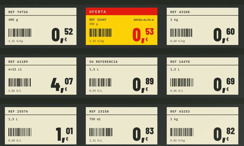 Still from “The shelf speaks”: price tags on a supermarket shelf, with one item on promotion.