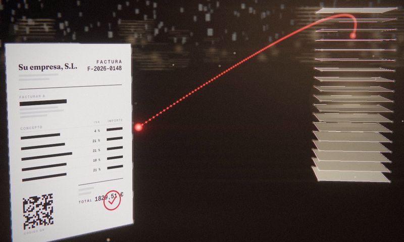 Still from “The two ends”: an invoice with its QR code, linked by a red thread to the stack of invoices at the other end.